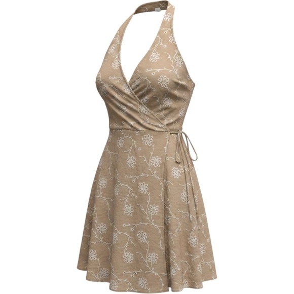 Joie Dresses & Skirts - Joie Womens Tan Floral Embroidered Halter Wrap Dress Size 14 New With Tags